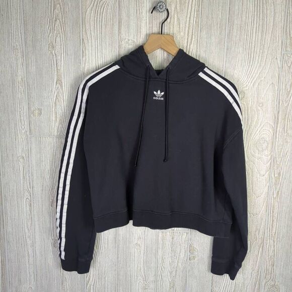 Adidas Womens Medium Cropped Pullover Hoodie Sweatshirt Black White Stripes - Picture 2 of 10